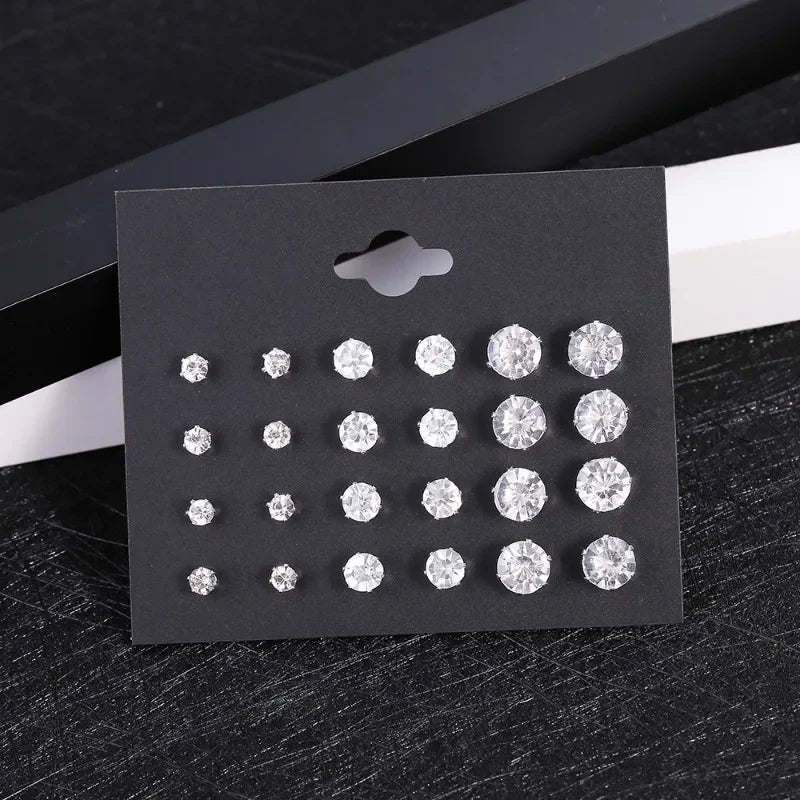 New 12 Pair/Pack White Shiny Wedding Stud Earrings Set For Women Men Crystal Jewelry Accessories Oorbellen Jewelry Earrings - PrimeNest