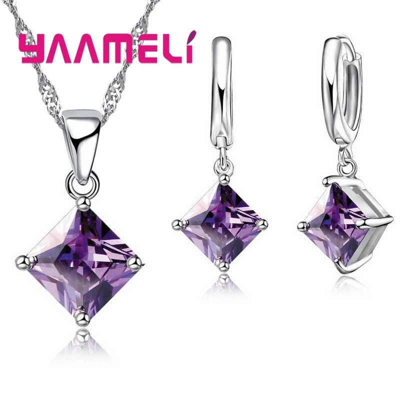New Fashion Women Pendants Necklace Simple Geometry Square Earrings Crystal 925 Sterling Silver Color Jewelry Sets for Wedding - PrimeNest