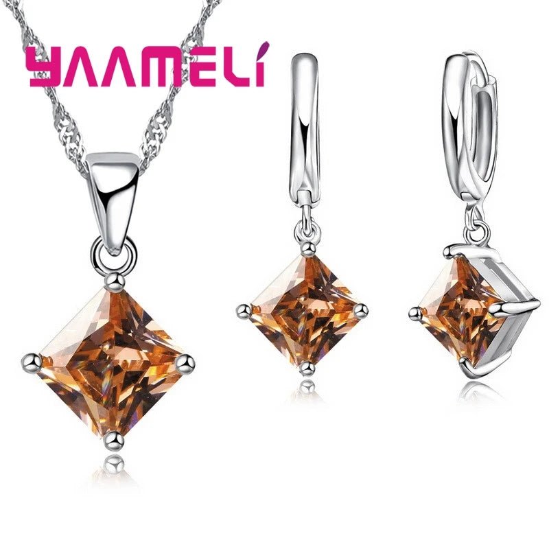 New Fashion Women Pendants Necklace Simple Geometry Square Earrings Crystal 925 Sterling Silver Color Jewelry Sets for Wedding - PrimeNest