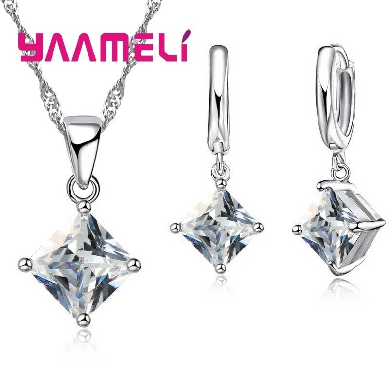 New Fashion Women Pendants Necklace Simple Geometry Square Earrings Crystal 925 Sterling Silver Color Jewelry Sets for Wedding - PrimeNest