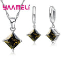 New Fashion Women Pendants Necklace Simple Geometry Square Earrings Crystal 925 Sterling Silver Color Jewelry Sets for Wedding - PrimeNest