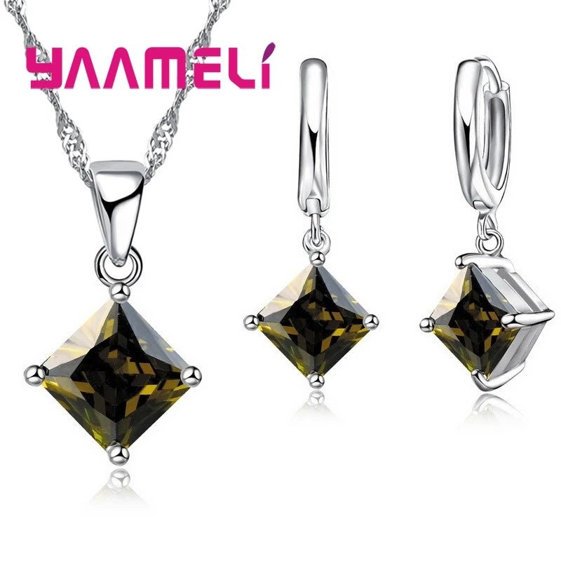 New Fashion Women Pendants Necklace Simple Geometry Square Earrings Crystal 925 Sterling Silver Color Jewelry Sets for Wedding - PrimeNest