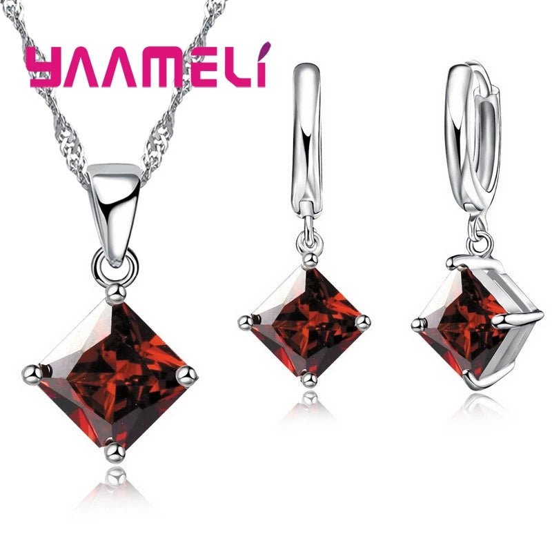 New Fashion Women Pendants Necklace Simple Geometry Square Earrings Crystal 925 Sterling Silver Color Jewelry Sets for Wedding - PrimeNest