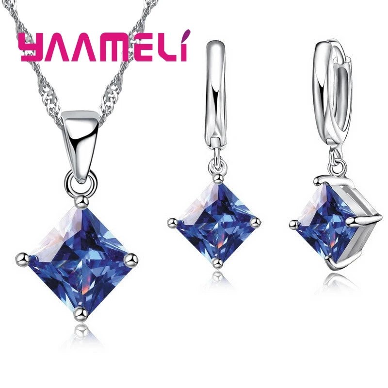 New Fashion Women Pendants Necklace Simple Geometry Square Earrings Crystal 925 Sterling Silver Color Jewelry Sets for Wedding - PrimeNest