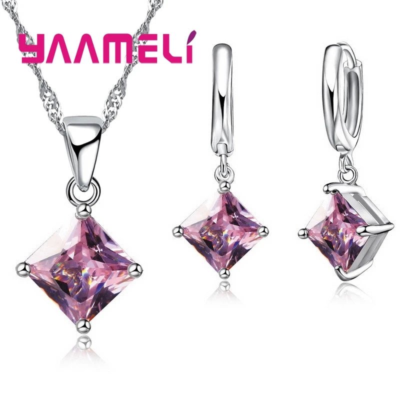 New Fashion Women Pendants Necklace Simple Geometry Square Earrings Crystal 925 Sterling Silver Color Jewelry Sets for Wedding - PrimeNest