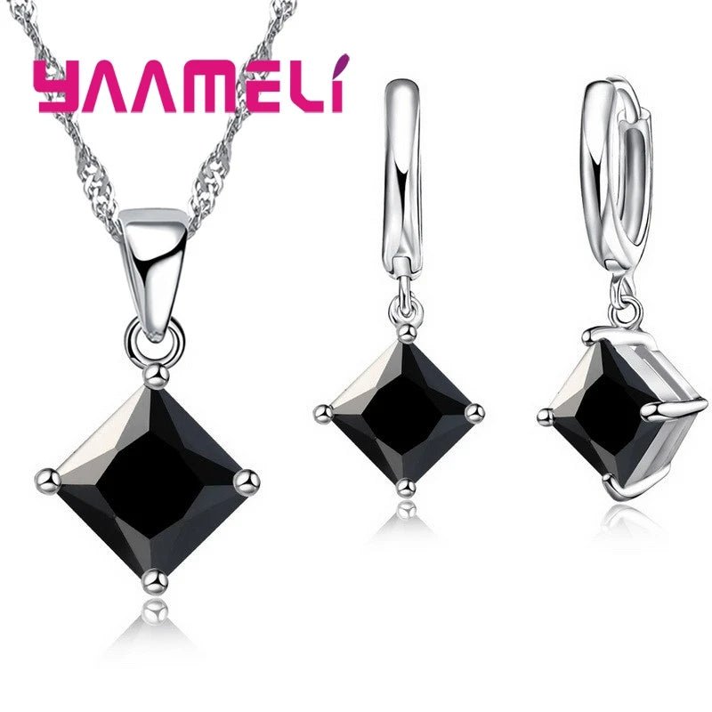 New Fashion Women Pendants Necklace Simple Geometry Square Earrings Crystal 925 Sterling Silver Color Jewelry Sets for Wedding - PrimeNest