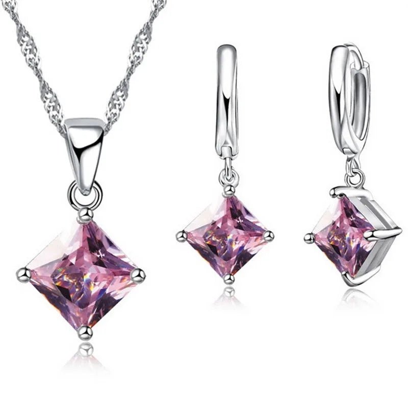 New Fashion Women Pendants Necklace Simple Geometry Square Earrings Crystal 925 Sterling Silver Color Jewelry Sets for Wedding - PrimeNest