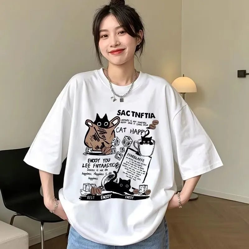 New Men Women T Shirt Pullover Oversize Korean version Cartoon Cat Group Printed T-Shirt Casual Short Sleeve Couples T-Shirt - PrimeNest