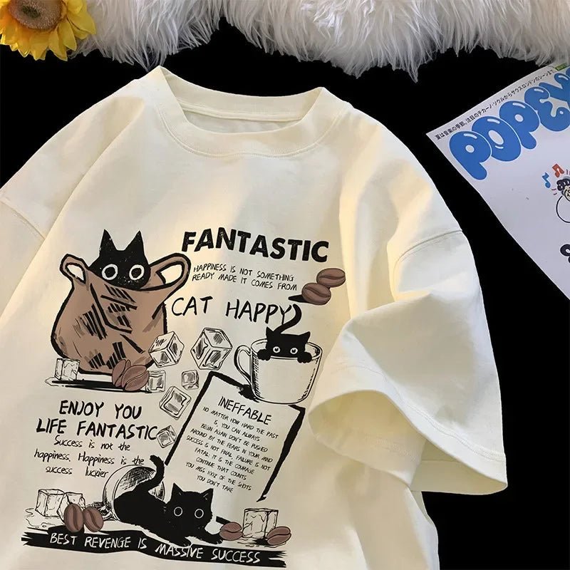 New Men Women T Shirt Pullover Oversize Korean version Cartoon Cat Group Printed T-Shirt Casual Short Sleeve Couples T-Shirt - PrimeNest