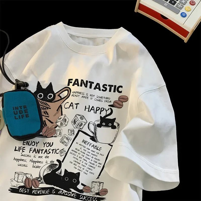 New Men Women T Shirt Pullover Oversize Korean version Cartoon Cat Group Printed T-Shirt Casual Short Sleeve Couples T-Shirt - PrimeNest