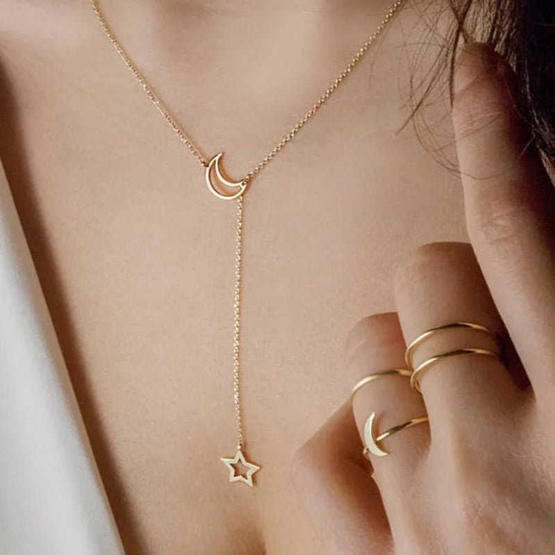New Simple Moon Star Pendant Choker Necklace Simple Gold Color Alloy Charm Chain Collares Necklace For Women Party Jewelry - PrimeNest
