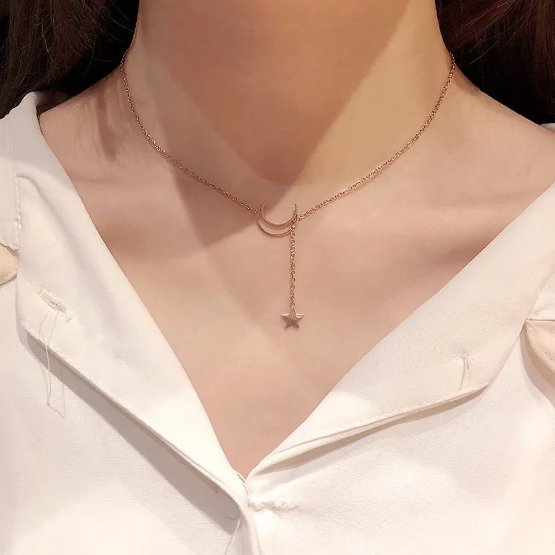 New Simple Moon Star Pendant Choker Necklace Simple Gold Color Alloy Charm Chain Collares Necklace For Women Party Jewelry - PrimeNest