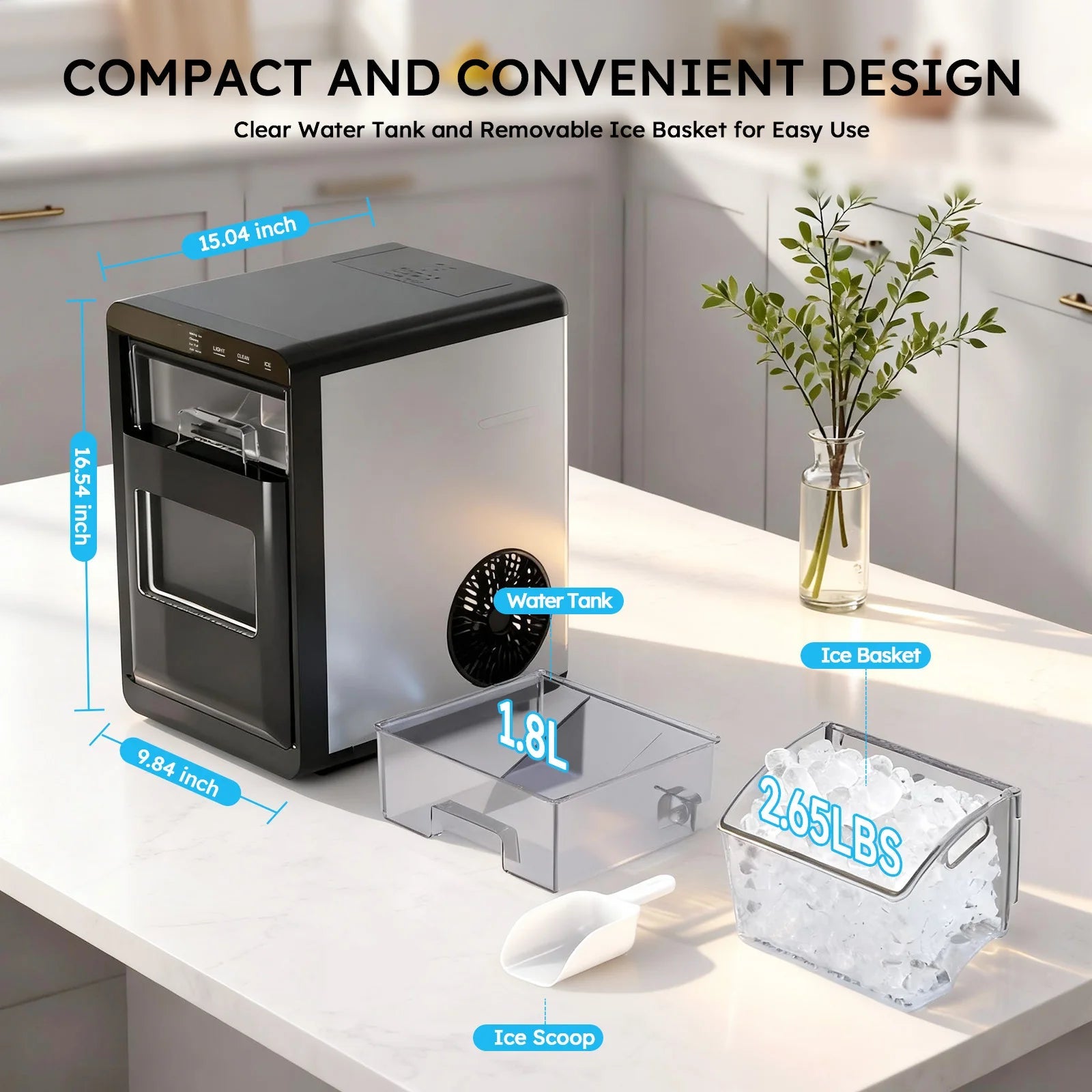Nugget Ice Maker Countertop 44bs/24H Self-Cleaning Chewable Pellet Ice Machine with Ice Scoop & Basket for Home/Kitchen/Party - PrimeNest