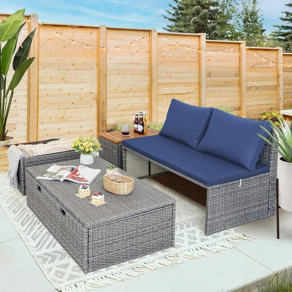 Patio Day Bed Outdoor Daybed Set Multifunctional Rattan Lounge Bed with 2 Side Tables for Backyard Porch Poolside Lawn Beach (N - PrimeNest