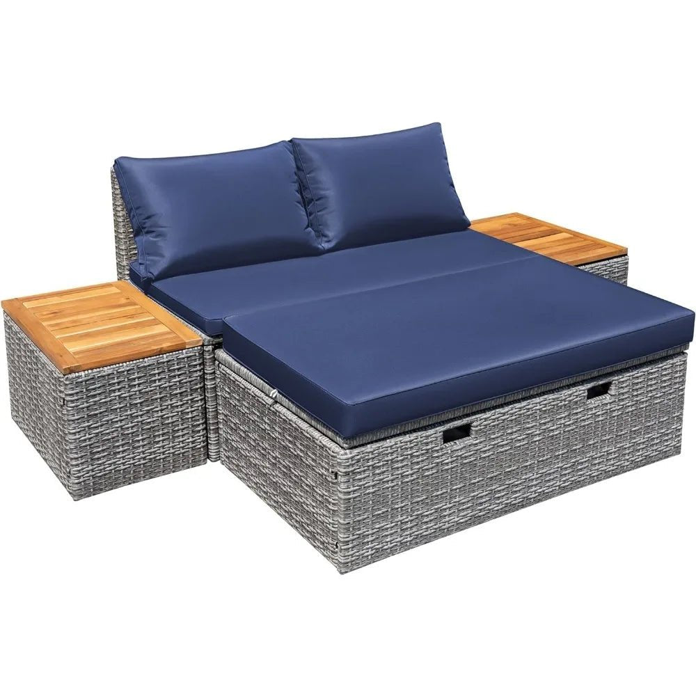 Patio Day Bed Outdoor Daybed Set Multifunctional Rattan Lounge Bed with 2 Side Tables for Backyard Porch Poolside Lawn Beach (N - PrimeNest