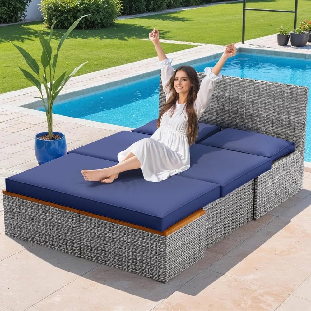 Patio Day Bed Outdoor Daybed Set Multifunctional Rattan Lounge Bed with 2 Side Tables for Backyard Porch Poolside Lawn Beach (N - PrimeNest