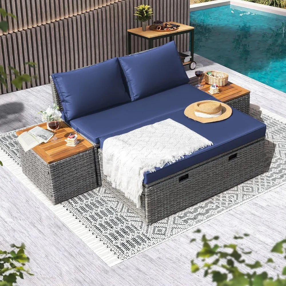 Patio Day Bed Outdoor Daybed Set Multifunctional Rattan Lounge Bed with 2 Side Tables for Backyard Porch Poolside Lawn Beach (N - PrimeNest