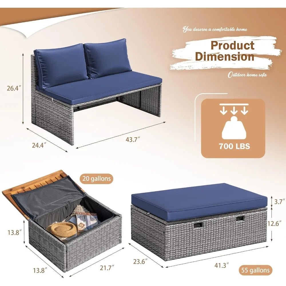 Patio Day Bed Outdoor Daybed Set Multifunctional Rattan Lounge Bed with 2 Side Tables for Backyard Porch Poolside Lawn Beach (N - PrimeNest