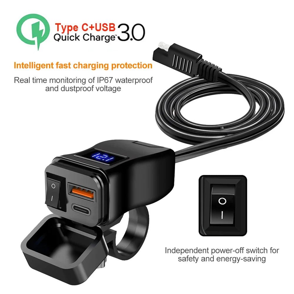 PD QC3.0 Motorcycle USB Fast Charger 60W Handlebar Dual USB Socket with Switch Voltmeter Waterproof 12V Power Supply Adapter - PrimeNest