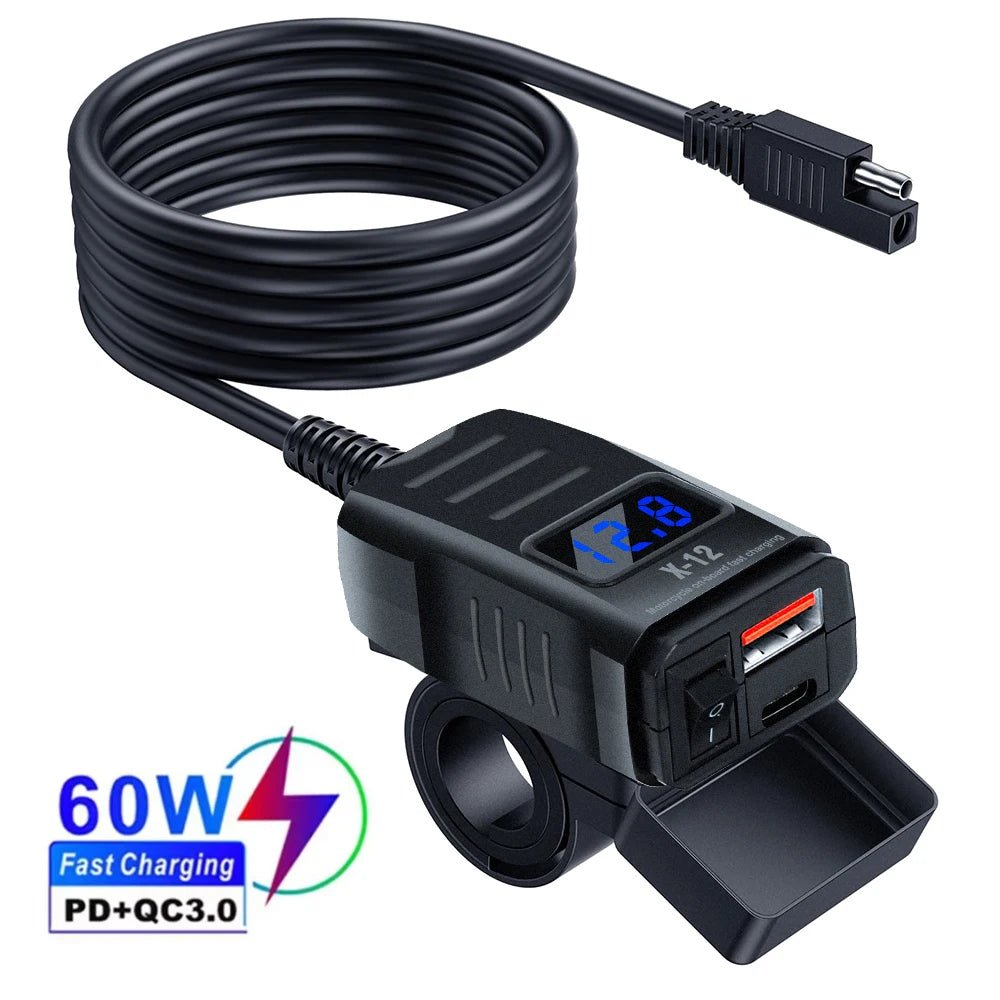 PD QC3.0 Motorcycle USB Fast Charger 60W Handlebar Dual USB Socket with Switch Voltmeter Waterproof 12V Power Supply Adapter - PrimeNest