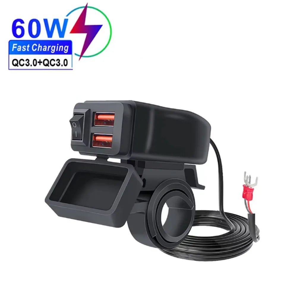 PD QC3.0 Motorcycle USB Fast Charger 60W Handlebar Dual USB Socket with Switch Voltmeter Waterproof 12V Power Supply Adapter - PrimeNest