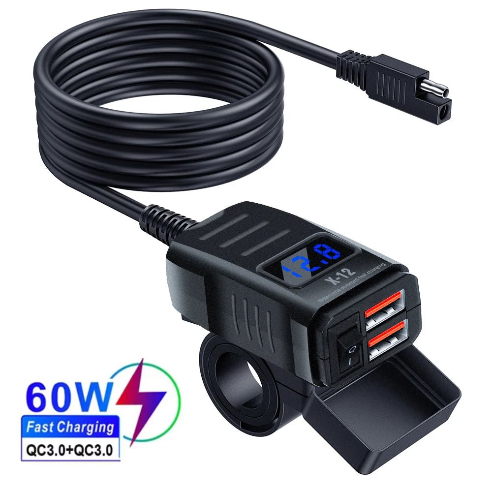 PD QC3.0 Motorcycle USB Fast Charger 60W Handlebar Dual USB Socket with Switch Voltmeter Waterproof 12V Power Supply Adapter - PrimeNest