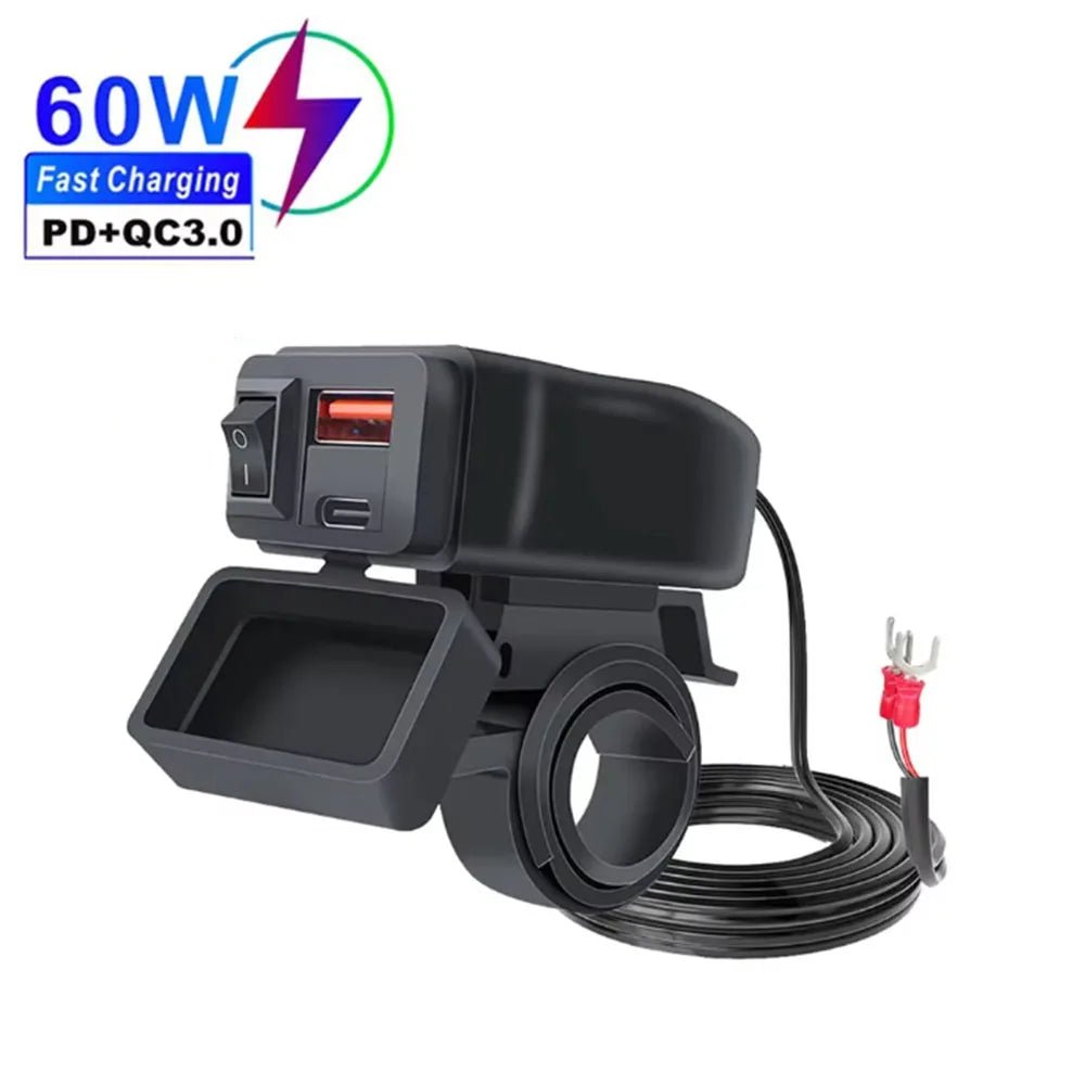 PD QC3.0 Motorcycle USB Fast Charger 60W Handlebar Dual USB Socket with Switch Voltmeter Waterproof 12V Power Supply Adapter - PrimeNest