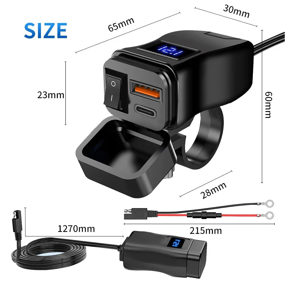 PD QC3.0 Motorcycle USB Fast Charger 60W Handlebar Dual USB Socket with Switch Voltmeter Waterproof 12V Power Supply Adapter - PrimeNest
