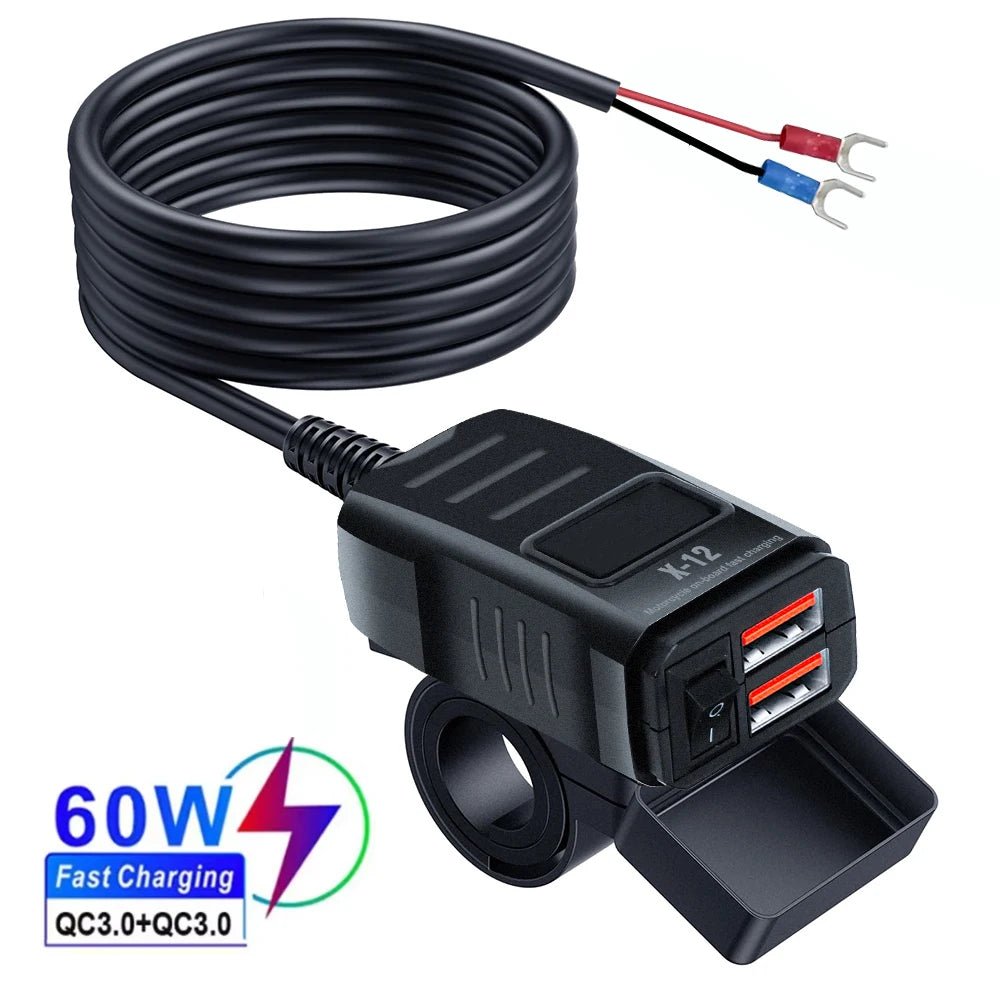 PD QC3.0 Motorcycle USB Fast Charger 60W Handlebar Dual USB Socket with Switch Voltmeter Waterproof 12V Power Supply Adapter - PrimeNest