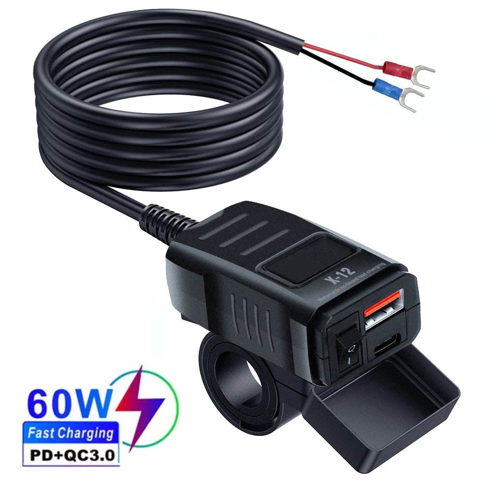 PD QC3.0 Motorcycle USB Fast Charger 60W Handlebar Dual USB Socket with Switch Voltmeter Waterproof 12V Power Supply Adapter - PrimeNest