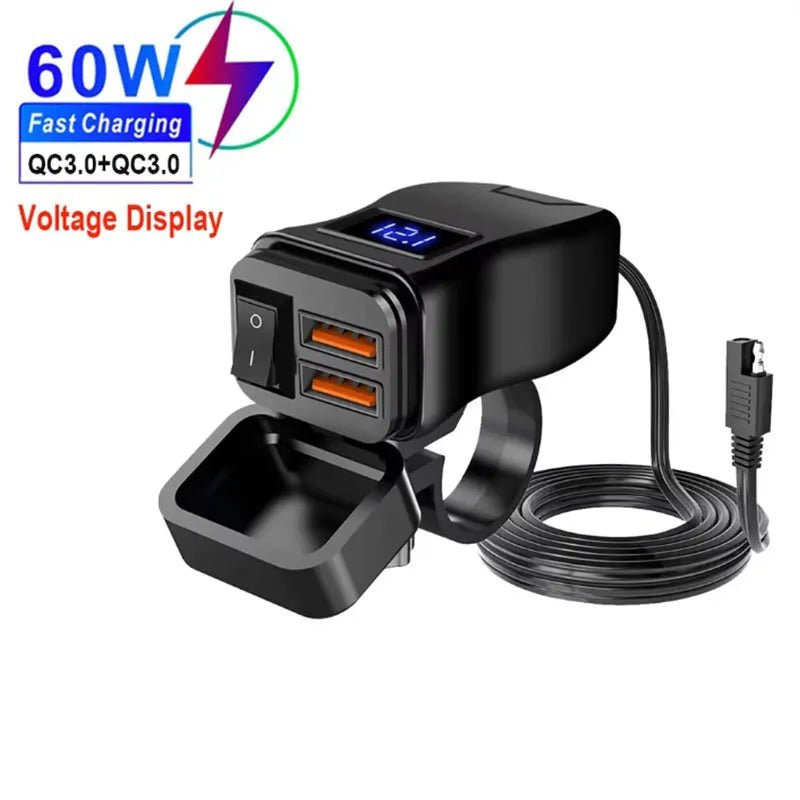 PD QC3.0 Motorcycle USB Fast Charger 60W Handlebar Dual USB Socket with Switch Voltmeter Waterproof 12V Power Supply Adapter - PrimeNest
