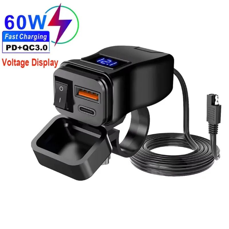 PD QC3.0 Motorcycle USB Fast Charger 60W Handlebar Dual USB Socket with Switch Voltmeter Waterproof 12V Power Supply Adapter - PrimeNest
