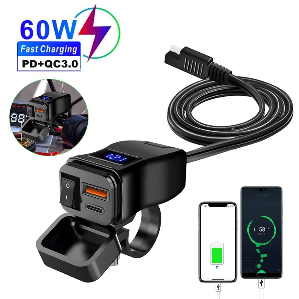PD QC3.0 Motorcycle USB Fast Charger 60W Handlebar Dual USB Socket with Switch Voltmeter Waterproof 12V Power Supply Adapter - PrimeNest