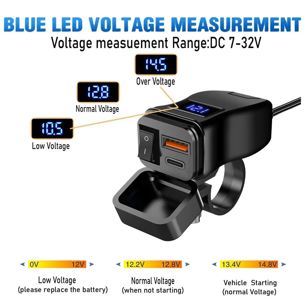 PD QC3.0 Motorcycle USB Fast Charger 60W Handlebar Dual USB Socket with Switch Voltmeter Waterproof 12V Power Supply Adapter - PrimeNest