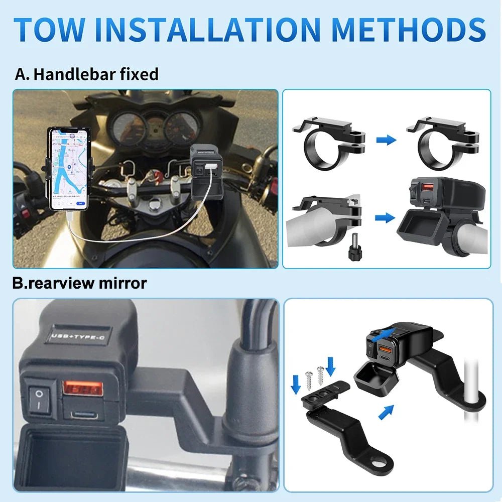 PD QC3.0 Motorcycle USB Fast Charger 60W Handlebar Dual USB Socket with Switch Voltmeter Waterproof 12V Power Supply Adapter - PrimeNest