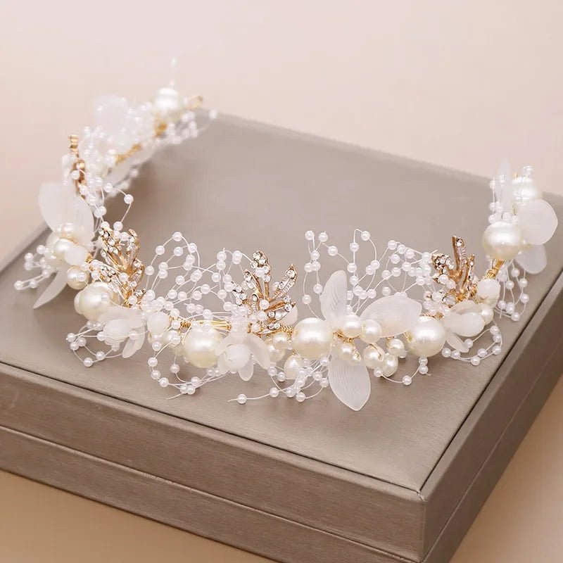 Pearl Flower Crown Headband Bridal Crystal Wedding Headpiece Boho Bride Hair Accessories Floral Crown for Bridesmaid Prom 2025 - PrimeNest