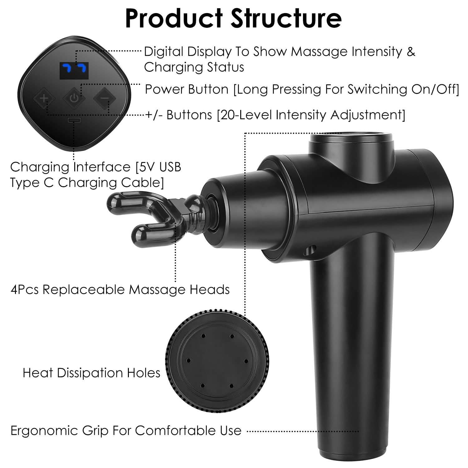Percussion Digital Display Rechargeable Deep Tissue Vibration Massage Gun - PrimeNest