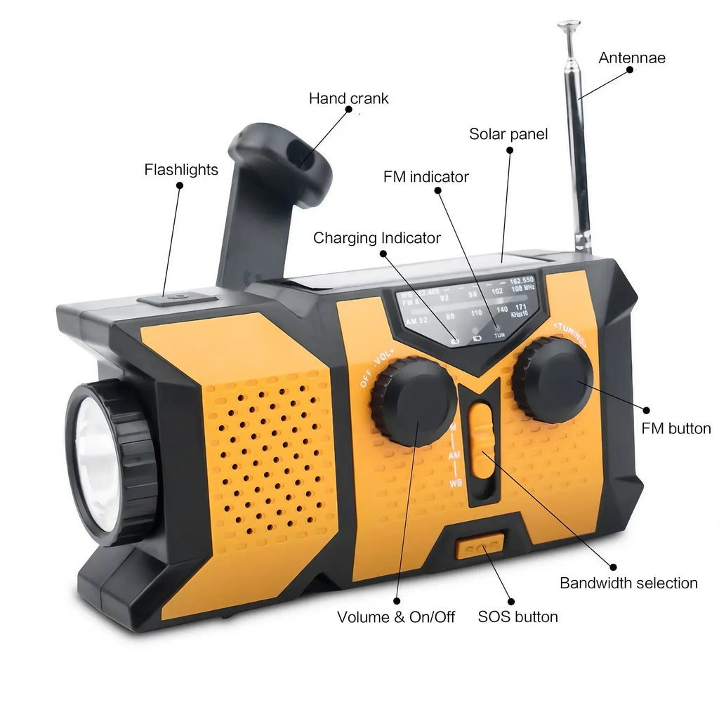 Portable Hand Crank Solar Radio LED Flashlight AMFM Weather Radio 2000mAh Power Bank Charger - PrimeNest
