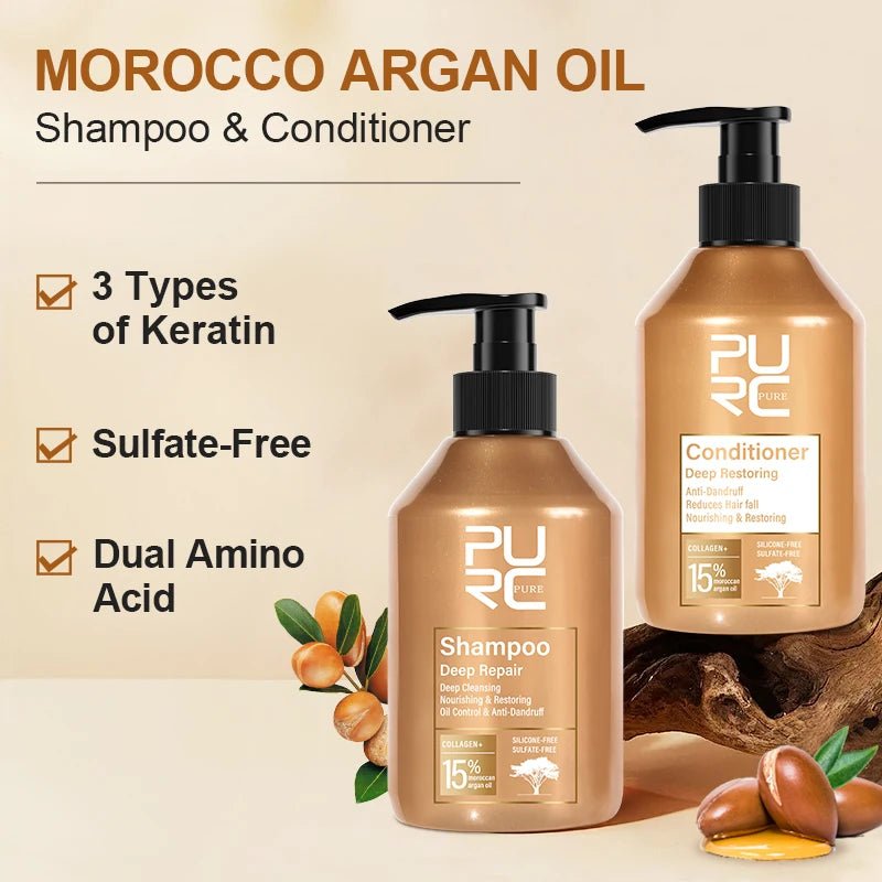 PURC Morocco Argan Oil Shampoo Conditioner Set Amino Acid Keratin Smoothing Repair Damaged Hair Treatment Sulfate-Free Hair Care - PrimeNest