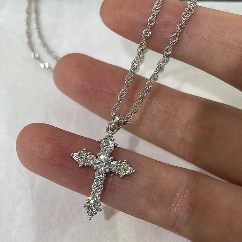 Shiny Crystal Zircon Cross Pendant Necklace for Women Girls Punk Silver Color Thin Chain Necklace Party Jewelry Birthday Gift - PrimeNest