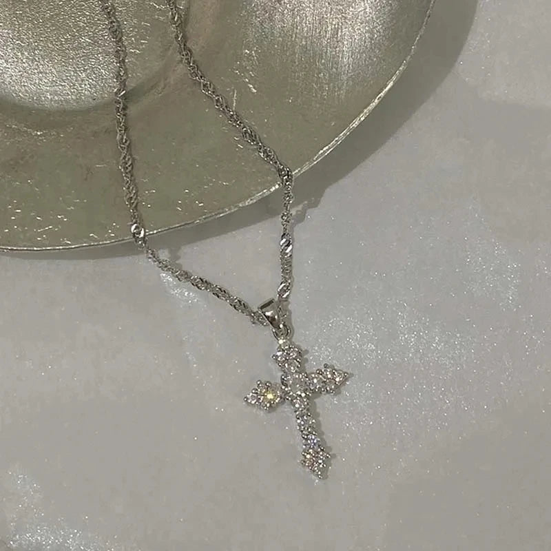 Shiny Crystal Zircon Cross Pendant Necklace for Women Girls Punk Silver Color Thin Chain Necklace Party Jewelry Birthday Gift - PrimeNest