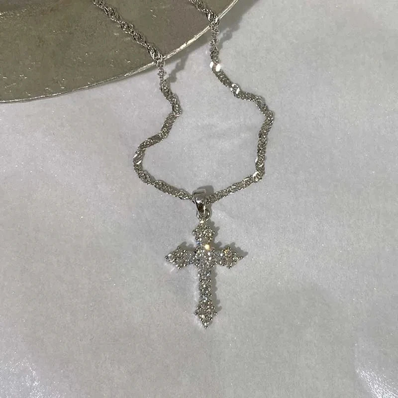 Shiny Crystal Zircon Cross Pendant Necklace for Women Girls Punk Silver Color Thin Chain Necklace Party Jewelry Birthday Gift - PrimeNest