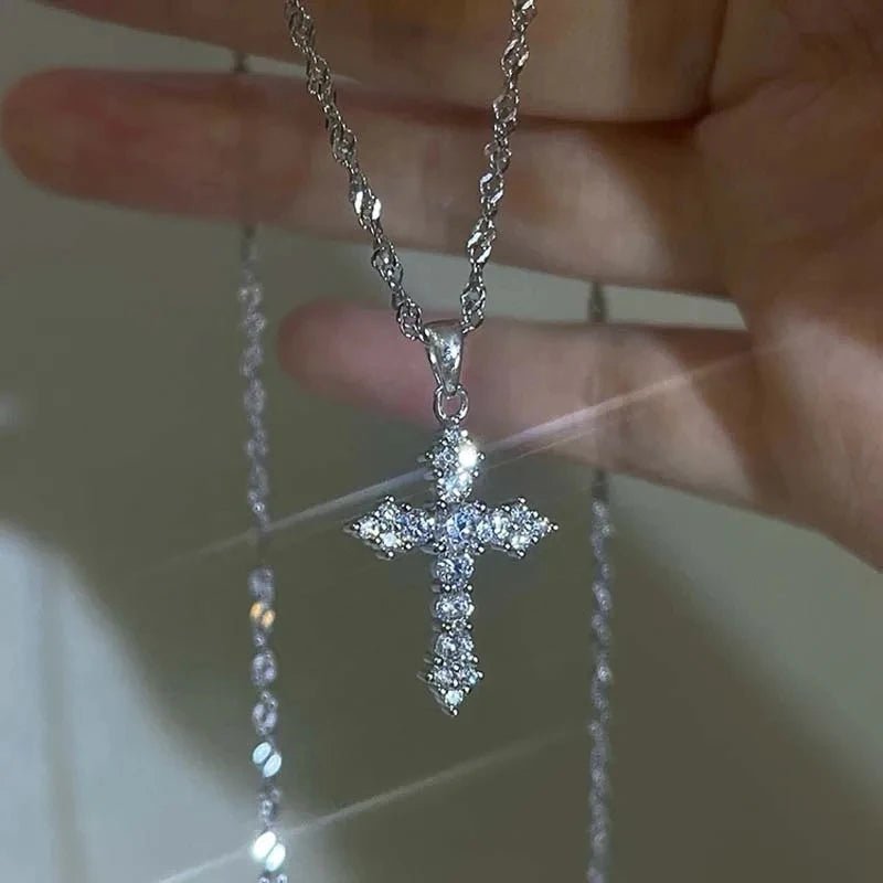 Shiny Crystal Zircon Cross Pendant Necklace for Women Girls Punk Silver Color Thin Chain Necklace Party Jewelry Birthday Gift - PrimeNest