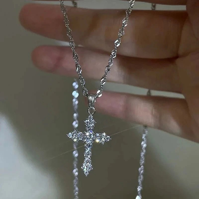 Shiny Crystal Zircon Cross Pendant Necklace for Women Girls Punk Silver Color Thin Chain Necklace Party Jewelry Birthday Gift - PrimeNest