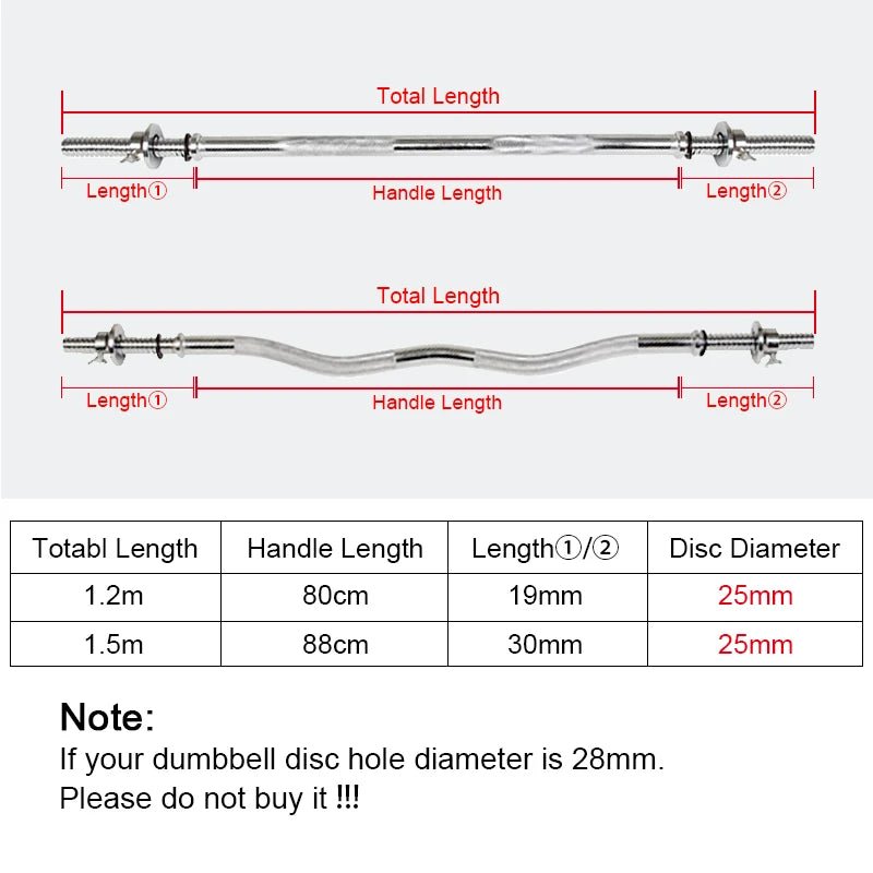 Standard Straight and Curved Dumbbell Bars, Weight Lift, Training Barbell, Gym and Home, Fitness Equipment, 25mm, 1.2m, 1.5m - PrimeNest