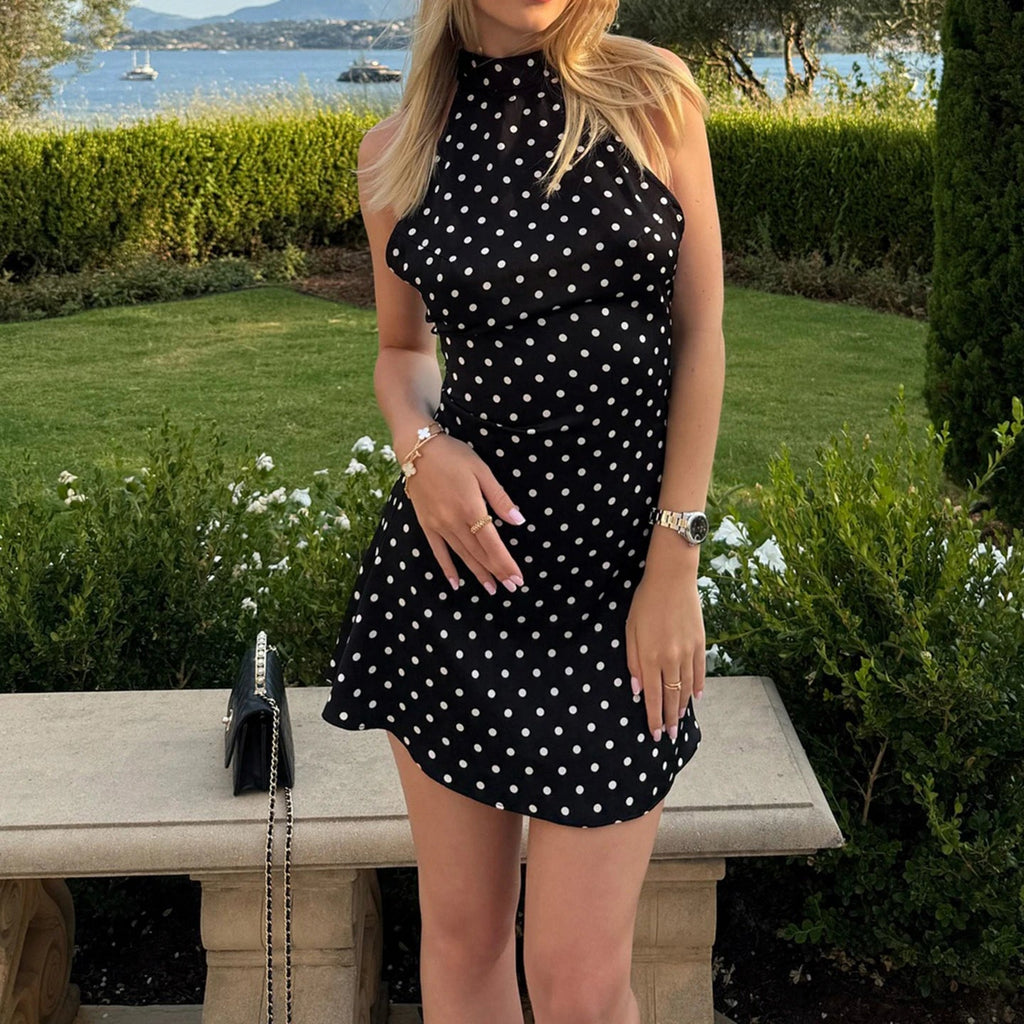 SUCHCUTE Sexy Polka Dot Print Halter Dress For Women Elegant Party Slim Backless Sleeveless Mini Dress Summer Vacation Outfits - PrimeNest
