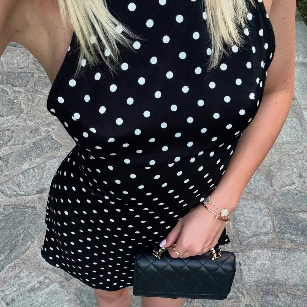 SUCHCUTE Sexy Polka Dot Print Halter Dress For Women Elegant Party Slim Backless Sleeveless Mini Dress Summer Vacation Outfits - PrimeNest