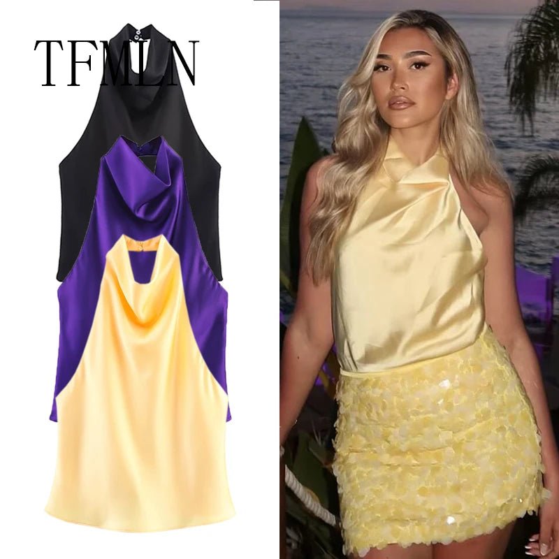 TFMLN 2025 Women Sexy Halter Top Spring Summer Sexy Backless High Street Waistcoat Female Fashion Solid Elegant Halter Neck Tops - PrimeNest