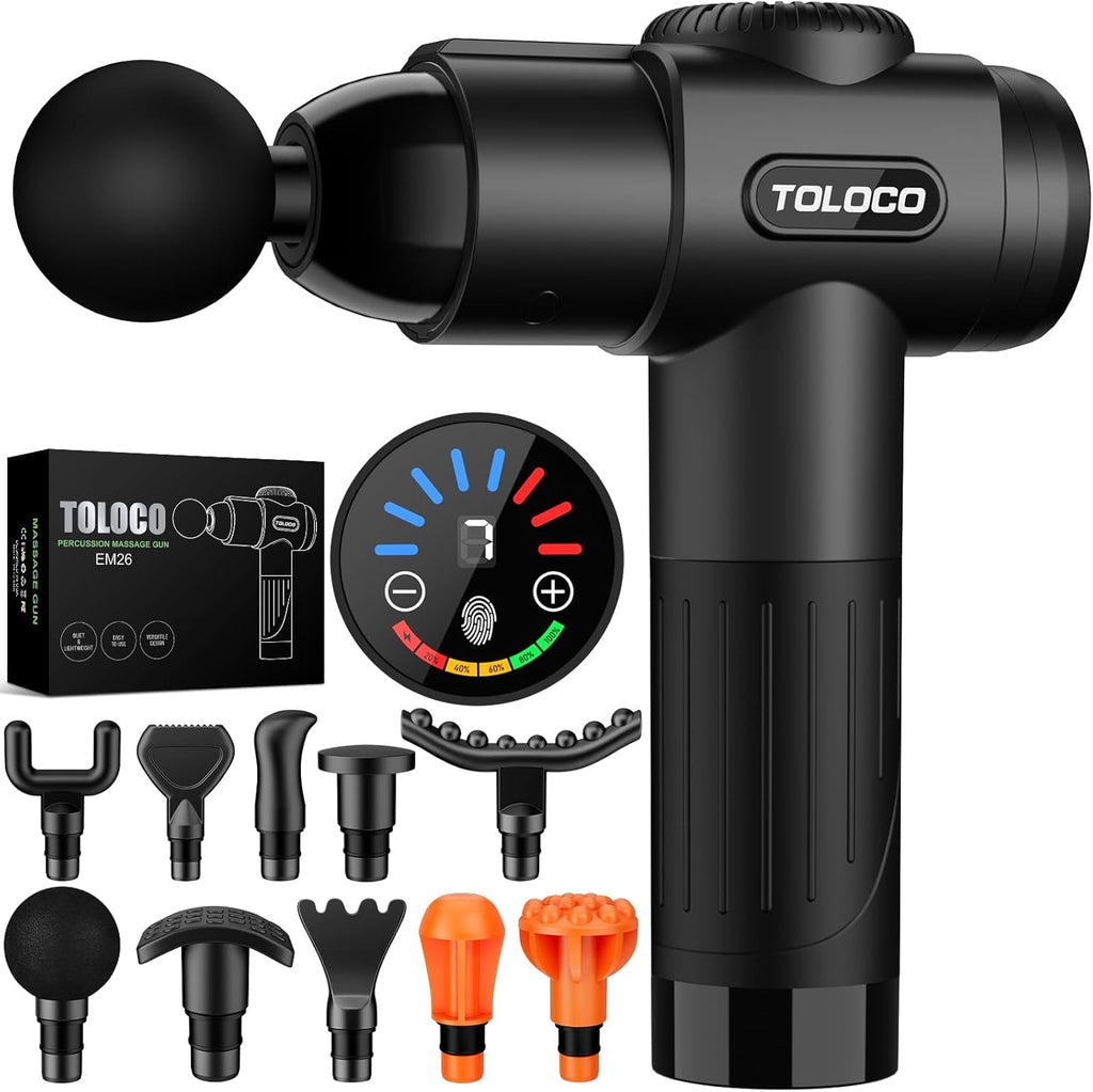 TOLOCO Massage Gun, Deep Tissue Back Massage for Athletes for Pain Relief, Percussion Massager with 10 Massages Heads & Silent Brushless Motor, Valentines Day Gifts for Him Her, Black - PrimeNest