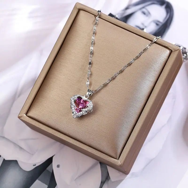 Top Luxury Colorful Crystal Ocean Heart Pendant Necklace For Women Trendy 316L Stainless Steel Jewelry Female Wedding Neck Chain - PrimeNest